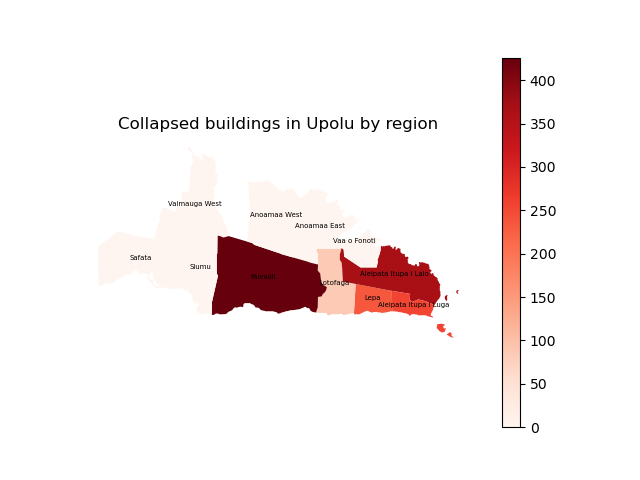 A map of Upolu, with different regions coloured by the number of collapsed buildings.
