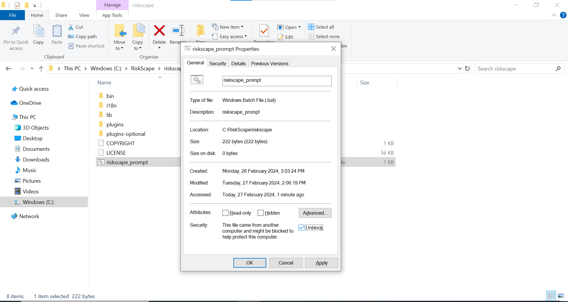 Unblocking the batch file so it can run