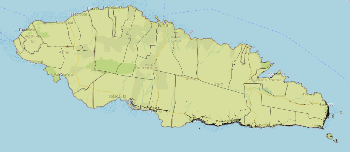 A zoomed out map of the island of Upolu electoral constituencies. Barely visible on the south-east coast are building outlines and the tsunami hazard.